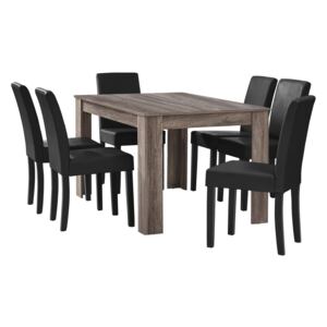 [en.casa] Jídelní set 1x jídelní stůl "Nora" HTFU-1402 dub tmavý a 6x jídelní židle HTMY-9706 černá