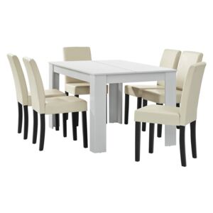 [en.casa] Jídelní set 1x jídelní stůl "Nora" HTFU-1404 bílý a 6x jídelní židle HTMY-9704 krémová