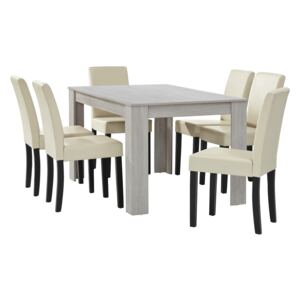 [en.casa] Jídelní set 1x jídelní stůl "Nora" HTFU-1403 dub bílý a 6x jídelní židle HTMY-9704 krémová