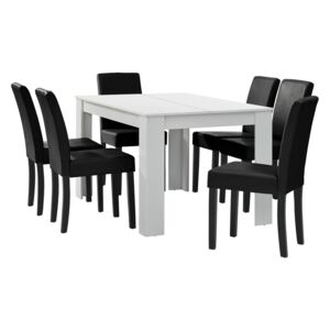 [en.casa] Jídelní set 1x jídelní stůl "Nora" HTFU-1404 bílý a 6x jídelní židle HTMY-9706 černá