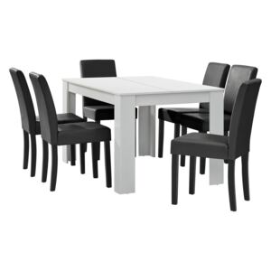 [en.casa] Jídelní set 1x jídelní stůl "Nora" HTFU-1404 bílý a 6x jídelní židle HTMY-9703 tmavě šedá