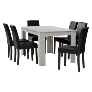 [en.casa] Jídelní set 1x jídelní stůl "Nora" HTFU-1403 dub bílý a 6x jídelní židle HTMY-9706 černá