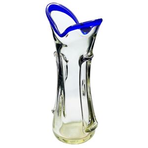 Váza skleněná zvlněná s modrým lemem 27 cm