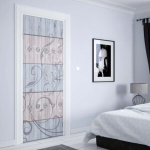 GLIX Fototapeta na dveře - Ornamental Swirl Design Wood Planks Blue And Beige | 91x211 cm