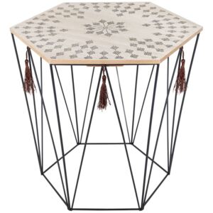 Konferenční stolek ze dřeva a kovu, šestiúhelníkový deska se vzory, moderní design vhodný do mnoha interiérů