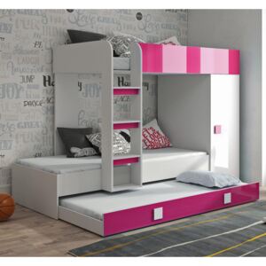 Dvoupatrová postel s přistýlkou TOLEDO 2 - bílá/růžová-lesk