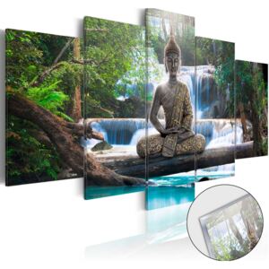 Obraz na akrylátovém skle - Buddha and Waterfall [Glass] 100x50