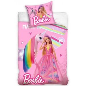 Carbotex Bavlněné povlečení 140x200 + 70x90 cm - Barbie a Duhový jednorožec