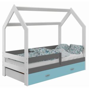 Dětská postel Domek 80x160 cm D3, rošt ZDARMA - bílá (Barva zábrany: Šedá, Barva úložného prostoru: Modrá, Volba matrace: Bez matrace)