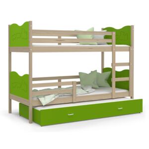 Dětská patrová postel s přistýlkou MAX Q - 200x90 cm - zelená/borovice - vláček
