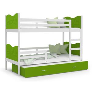 Dětská patrová postel s přistýlkou MAX Q - 190x80 cm - zeleno-bílá - vláček