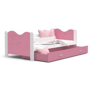 Dětská postel se šuplíkem MIKOLÁŠ - 190x80 cm - růžovo-bílá - měsíc a hvězdičky