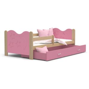 Dětská postel se šuplíkem MIKOLÁŠ - 160x80 cm - růžová/borovice - měsíc a hvězdičky