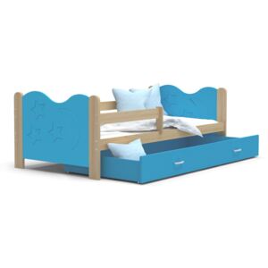 Dětská postel se šuplíkem MIKOLÁŠ - 190x80 cm - modrá/borovice - měsíc a hvězdičky