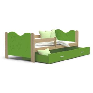 Dětská postel se šuplíkem MIKOLÁŠ - 190x80 cm - zelená/borovice - měsíc a hvězdičky