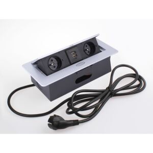 Design Light Výklopná zásuvka BOX 2x 230V a 2x USB nabíječka s 3m kabelem - hliník