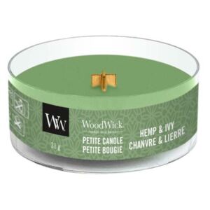 WoodWick - vonná svíčka Petite, Hemp & Ivy (Konopí a břečťan) 31g (Popínavý břečťan se snoubí s aromatickou šalvějí a zemitým pačuli.)