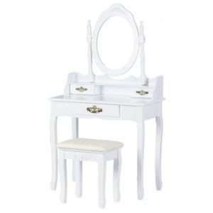 GOODHOME Toaletní kosmetický stolek se zrcadlem a taburetem Amanda bílý