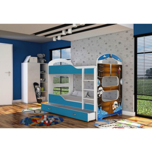Dětská patrová postel PATRIK 2 + matrace + rošt ZDARMA, bílá/modrá-vzor PIRÁT, 160x80
