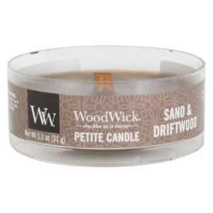WoodWick - vonná svíčka Petite, Sand & Driftwood (Písek & naplavené dřevo) 31g (Osvěžující vůně slunce obohacená o tóny dřeva, mořské trávy a měkkého bílého písku.)