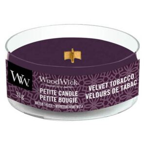 WoodWick - vonná svíčka Petite, Velvet Tobacco (Sametový tabák) 31g (Vůně vanilky, tabáku, křížal a skořice jsou obklopené aromatem santálového dřeva a opáleného cedru.)
