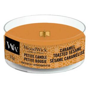 WoodWick - vonná svíčka Petite, Caramel Toasted Sesame (Opečený karamelový sezam) 31g (Vůně pečeného sezamu, pekanů a karamelek s kapkou burbonu a vanilky.)