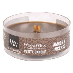 WoodWick - vonná svíčka Petite, Amber & Incense (Ambra a kadidlo) 31g (Sytá ambra a santálové dřevo s kouřovými podtóny exotických koření a bylin.)