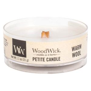 WoodWick - vonná svíčka Petite, Warm Wool (Hřejivá vlna) 31g (Snová vůně hřejivé vlny a divokých květů vás vyzývají, abyste se nadechli a relaxovali.)