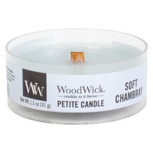WoodWick - vonná svíčka Petite, Soft Chambray (Čisté prádlo) 31g (Dokonalá relaxační vůně čerstvě vypraného ložního prádla a jemného polibku jasmínu a růže.)