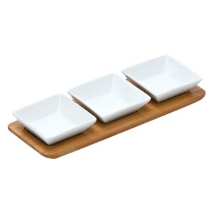 Sada 3 servírovacích porcelánových misek na bambusovém tácku Premier Housewares Snacks