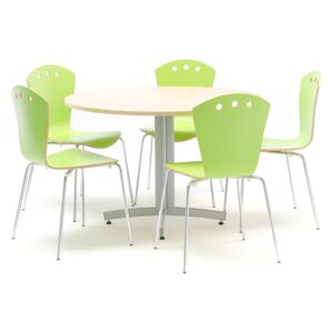 AJ Produkty Jídelní sestava Sanna + Orlando: 1 stůl Ø1100 mm, bříza + 5 židlí, zelené