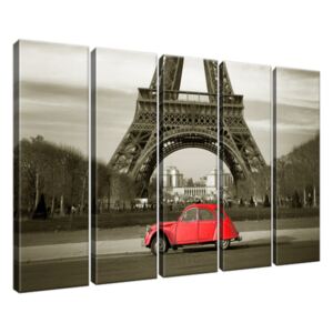 Obraz na plátně Červené auto před Eiffelovou věží v Paříži 100x63cm 3533A_5E
