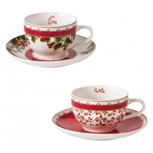 Sada 2 šálků s podšálkami na čaj/kávu VÁNOCE LE BACCHE BRANDANI (barva - porcelán, bílá/červená/zelená)