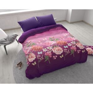 Fialové povlečení na jednolůžko z bavlny Sleeptime Bright Flowers, 140 x 200 cm