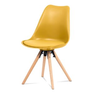 Jídelní židle, žlutý plast+ekokůže, nohy masiv buk + rám černý kov