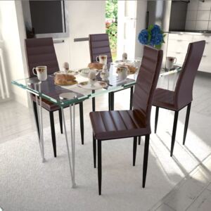 Jídelní set: hnědé židle štíhlé 4 ks a 1 skleněný stůl