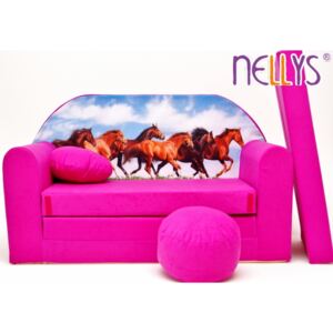 NELLYS Rozkládací dětská pohovka 58R - Koně v růžové