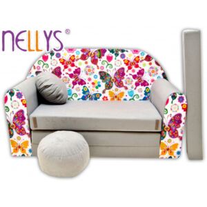 Rozkládací dětská pohovka Nellys ® 63R - Motýlci v šedé