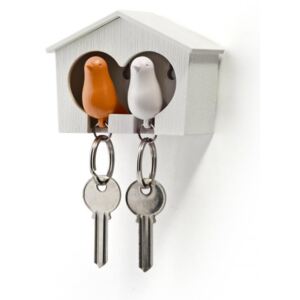Věšáček na klíče se dvěma klíčenkami QUALY Duo Sparrow, bílá budka/bílá+oranžová klíčenka