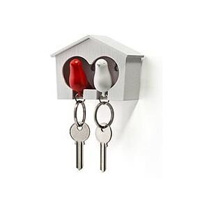 Věšáček na klíče se dvěma klíčenkami QUALY Duo Sparrow, bílá budka/bílá+červená klíčenka