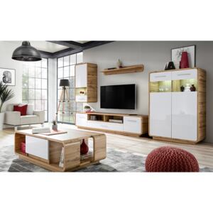 Moderní obývací pokoj Skansen, dub wotan/bílý lesk MDF