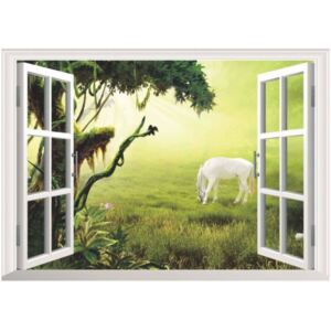 ZOOYOO Samolepka na zeď 3D okno Kůň bělouš 48 x 68 cm