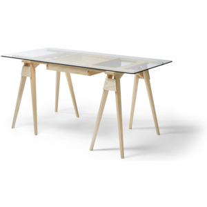 Pracovní stůl Arco nohy: bílé lakované dřevo, rám a šuplík: jasan, deska: čiré sklo 150×75×0.8 cm