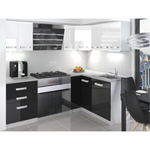 Rohová kuchyně 150 x 150 cm bílo-černá lesklá Mona - s LED osvětlením