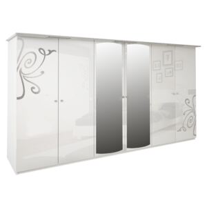 Šestidveřová šatní skříň BOGEMA se zrcadlem, 274x212,5x63, bílá lesk