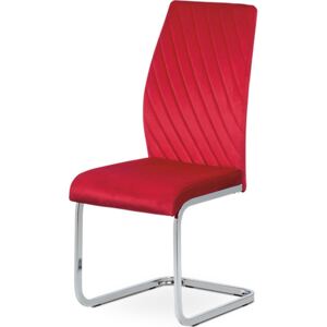 Autronic Jídelní židle - červená sametová látka, kovová chromovaná podnož