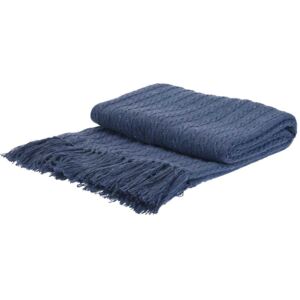Modrá pletená deka s bavlny, měkká a teplá deka s třásněmi ve skandinávském stylu
