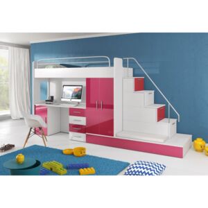 Dětská patrová postel RAJ 5, 80x200, univerzální orientace, bílá/růžová lesk