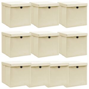 Úložné boxy s víkem 10 ks krémové 32 x 32 x 32 cm textil