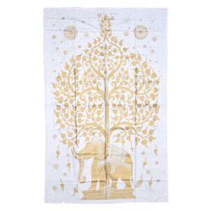 Přehoz s tiskem, bílý, zlatý tisk, strom života, 205x132cm